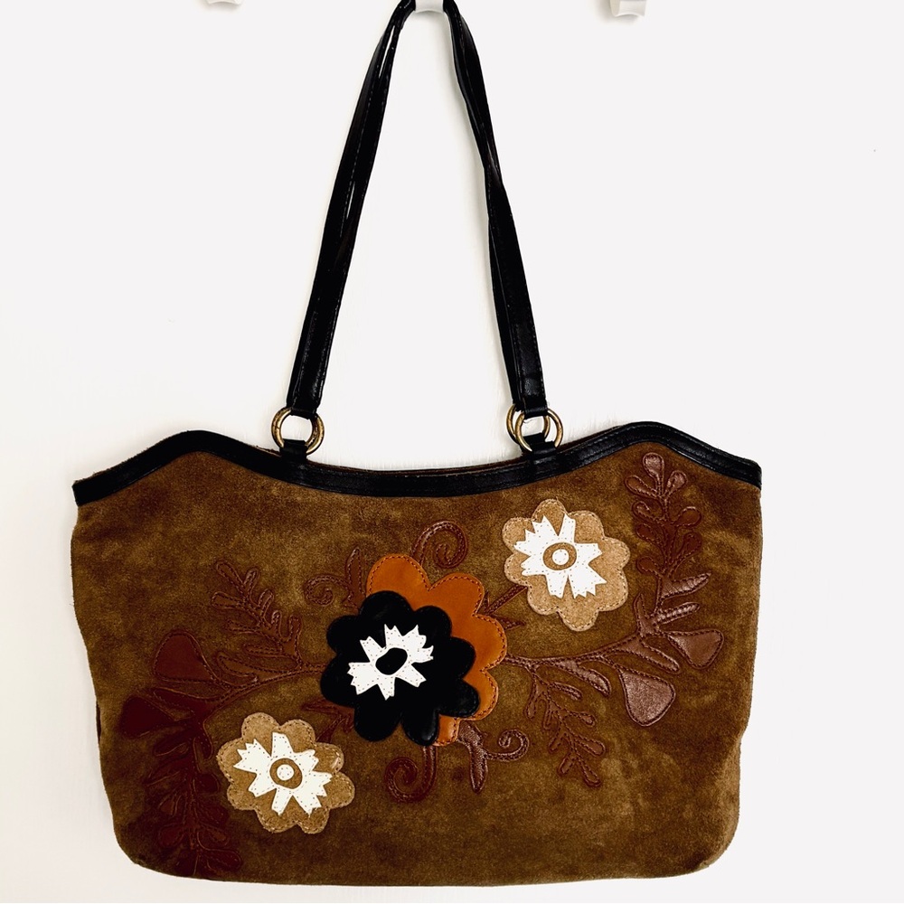 Nine West Studio Vintage Brown Suede Shoulder Handbag Purse Boho Flowers